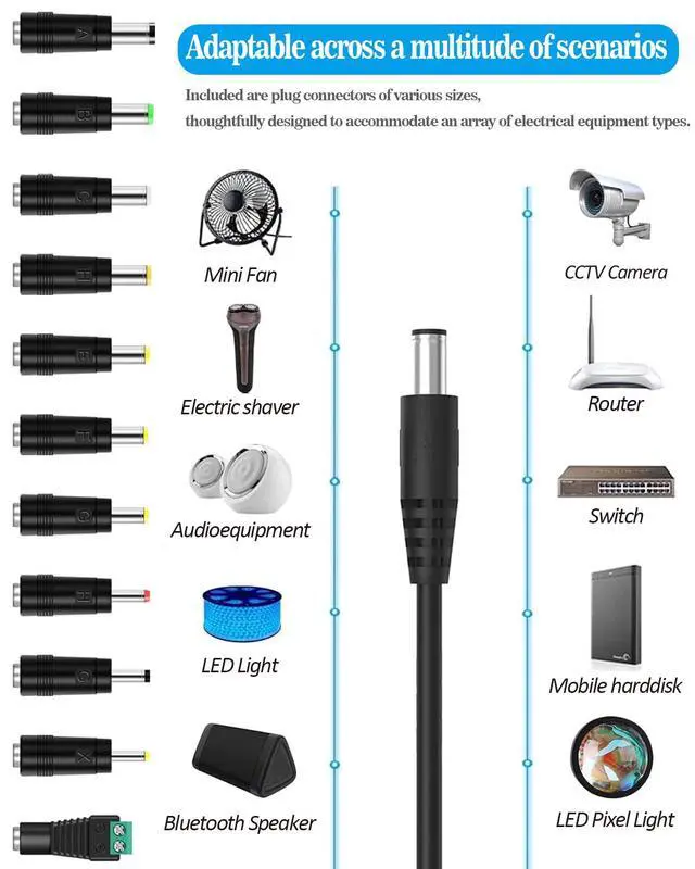 Alt view image 3 of 5 - USB to DC 5V Power Cable, DC 5.5x2.1mm Plugs Charging Cord with 11 Interchangeable Jack Connectors Charger Adapters for Lightsaber, Moon Lamp, Speaker, Router, Mini fan and More 5Volt 3Amp Electronics