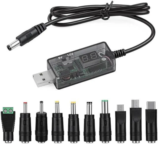 Main image of Universal USB to DC 9V 12V Charging Cable, DC 5.5x2.1mm Plug Jack Charging Cable with 10 Connector for Toys, Watches, Speaker, Camera, Table Lamp, Monitor, Phones, LED Light Strip, Router