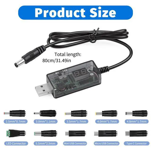 Alt view image 2 of 7 - Universal USB to DC 9V 12V Charging Cable, DC 5.5x2.1mm Plug Jack Charging Cable with 10 Connector for Toys, Watches, Speaker, Camera, Table Lamp, Monitor, Phones, LED Light Strip, Router