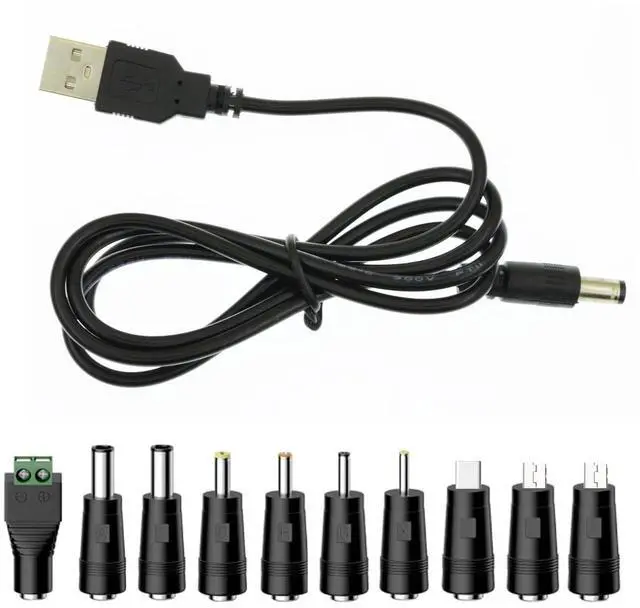 Main image of Universal Charger Power Core, 5V USB to DC 5.5x2.1mm, Charging Cable with 11 Tips (Micro-USB, Type-C, Mini USB, 2.5x0.7, 3.0x1.1, 3.5x1.35, 4.0x1.7, 4.8x1.7, 5.5x2.52.5mm), 3.3FT (5V 2A)