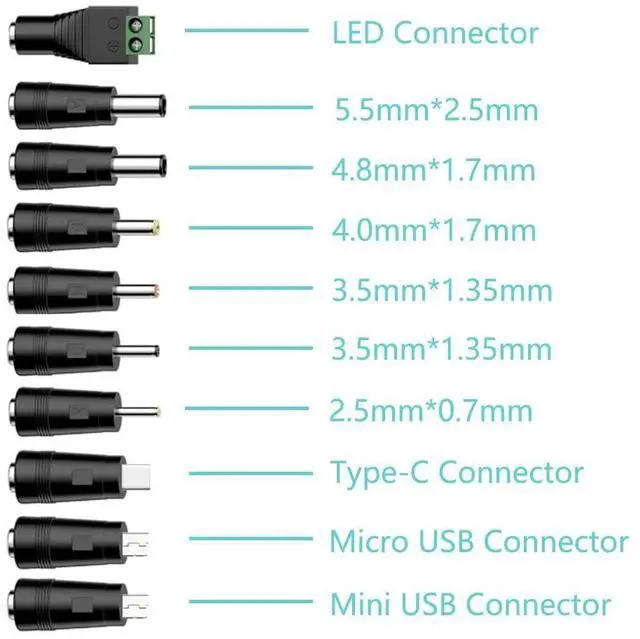 Alt view image 3 of 6 - Universal Charger Power Core, 5V USB to DC 5.5x2.1mm, Charging Cable with 11 Tips (Micro-USB, Type-C, Mini USB, 2.5x0.7, 3.0x1.1, 3.5x1.35, 4.0x1.7, 4.8x1.7, 5.5x2.52.5mm), 3.3FT (5V 2A)