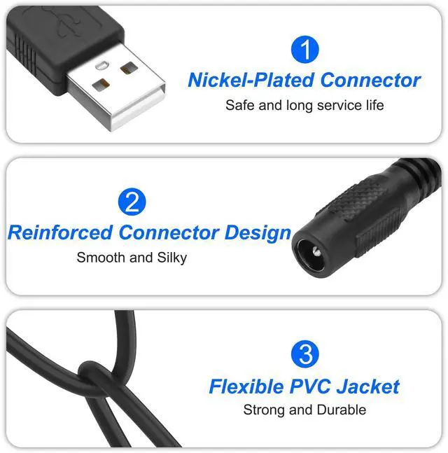 Alt view image 2 of 7 - USB 2.0 A to DC 5.5x2.1mm Adapter Charge Cable, DC5521 Female to USB Type A Male Connector Power Charging Cord for Laptop PC Phones DVD Player-2Pcs (0.3M, Black)