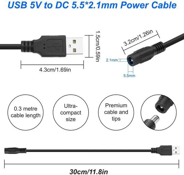 Alt view image 3 of 7 - USB 2.0 A to DC 5.5x2.1mm Adapter Charge Cable, DC5521 Female to USB Type A Male Connector Power Charging Cord for Laptop PC Phones DVD Player-2Pcs (0.3M, Black)