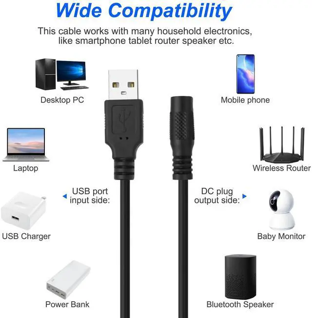 Alt view image 6 of 7 - USB 2.0 A to DC 5.5x2.1mm Adapter Charge Cable, DC5521 Female to USB Type A Male Connector Power Charging Cord for Laptop PC Phones DVD Player-2Pcs (0.3M, Black)