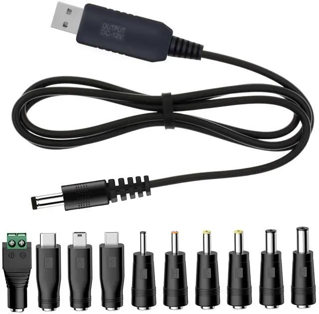 Main image of 5V USB to 12V DC Charging Cable,Universal Power Cord for Toys,Watches,Fan,Speaker,Headset,Monitor,Table Lamp,Phones,LED Light Strip Router,DC 5.5 x 2.1mm with 9 Connector 3.3FT