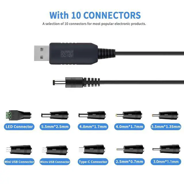 Alt view image 2 of 6 - 5V USB to 12V DC Charging Cable,Universal Power Cord for Toys,Watches,Fan,Speaker,Headset,Monitor,Table Lamp,Phones,LED Light Strip Router,DC 5.5 x 2.1mm with 9 Connector 3.3FT