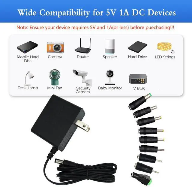 Alt view image 4 of 7 - 5V 1A Power Supply Adapter with Plug 5.5 x 2.1mm,5W AC/DC Charger AC 100V-240V to DC 5V Power Cord with 9 Jacks Plug for USB Hub TV Box Router Camera and More(1 Pack)