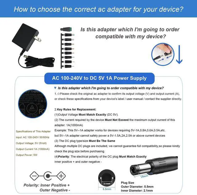 Alt view image 6 of 7 - 5V 1A Power Supply Adapter with Plug 5.5 x 2.1mm,5W AC/DC Charger AC 100V-240V to DC 5V Power Cord with 9 Jacks Plug for USB Hub TV Box Router Camera and More(1 Pack)