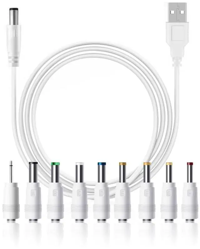Main image of USB to DC 5V Power Cable with 9 Interchangeable Tips, Universal Charging Cord 5.5x2.1mm Adapter for LED Strip, Moon Lamp, Mini Fan, Bluetooth Speaker, Router, Smart Devices White