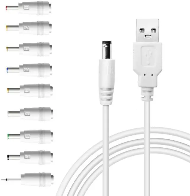Alt view image 2 of 5 - USB to DC 5V Power Cable with 9 Interchangeable Tips, Universal Charging Cord 5.5x2.1mm Adapter for LED Strip, Moon Lamp, Mini Fan, Bluetooth Speaker, Router, Smart Devices White