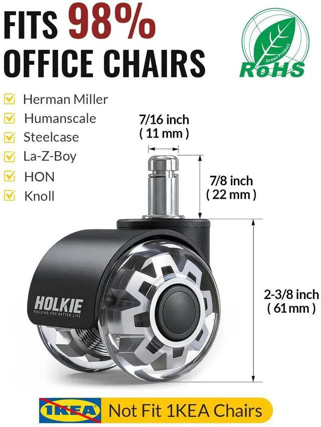 Alt view image 2 of 7 - Office Chair Wheels 2 Inch Set of 5 Replacement - Universal Fit 11mm Dual Rubber Smooth Quiet Rolling Casters - for Hardwood Floors Carpet Computer Grey