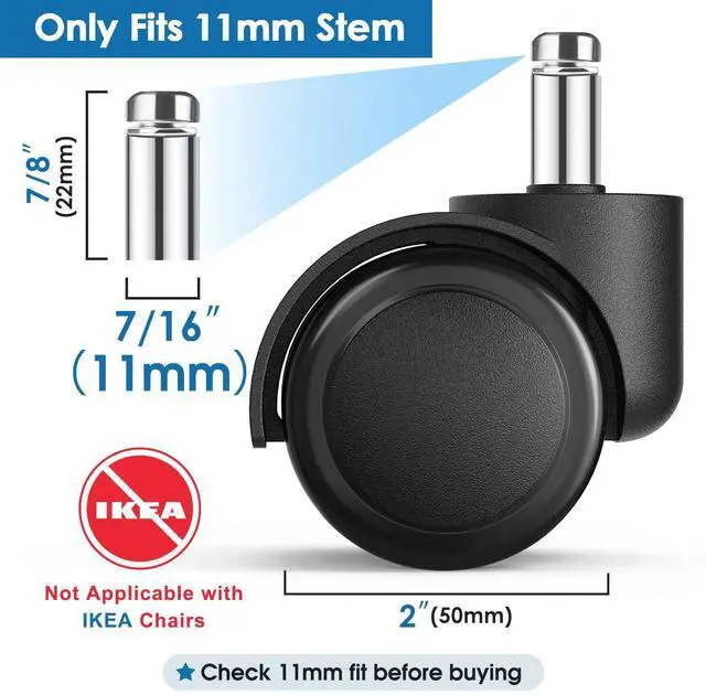 Alt view image 2 of 7 - 2" Office Chair Wheels Heavy Duty Replacement, Mute Rubber Rotating Desk Chair Caster Wheels, Safe for All Floors Including Hardwood, Only Fits 11mm Stem, NOT for 10mm or IKEA Chairs, Set of 5