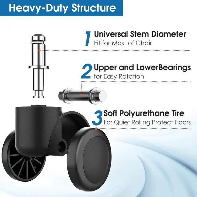 Alt view image 3 of 7 - 2" Office Chair Wheels Heavy Duty Replacement, Mute Rubber Rotating Desk Chair Caster Wheels, Safe for All Floors Including Hardwood, Only Fits 11mm Stem, NOT for 10mm or IKEA Chairs, Set of 5