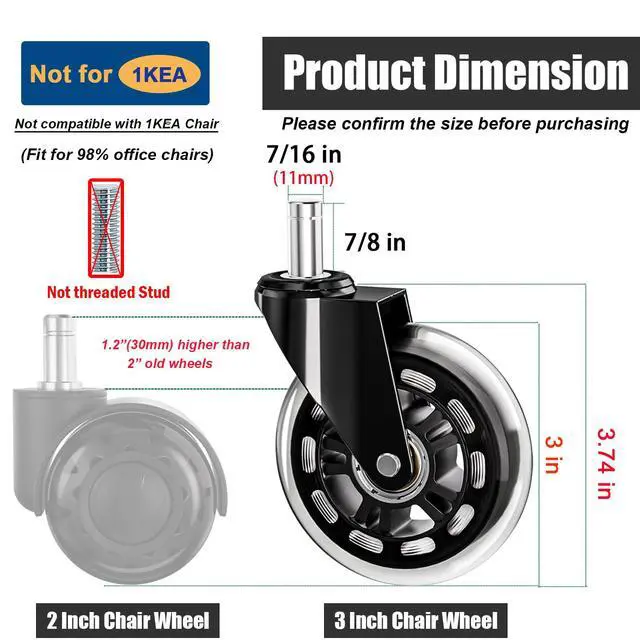 Alt view image 3 of 7 - Office Chair Wheels 3" Inch Roller Blade Rubber Chair Casters Replacement, Heavy Duty Quiet No Scratch Gaming Chair Wheel for Hardwood Floor Carpet, Set of 5, 11mm Universal Fit/Not for 1KEA