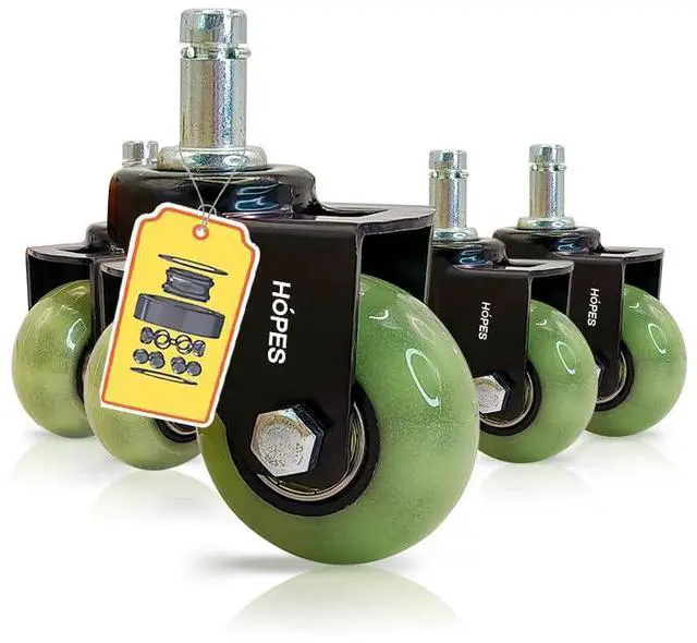 Main image of Office Chair Wheels Replacement Set of 5 Heavy Duty Rubber Casters, Smooth & Quiet Rolling for Hardwood Floors and Carpet, Universal Stem, No Floor Mat Needed (Glow Green, 2inch-660lbs)