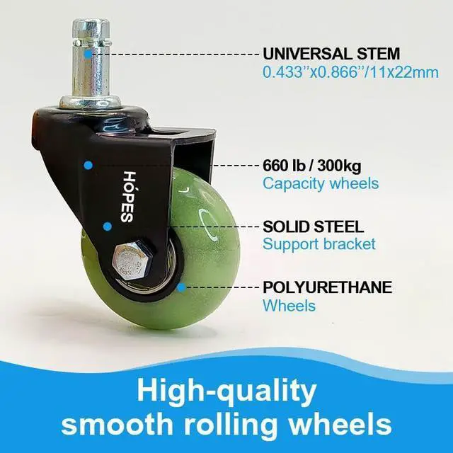 Alt view image 2 of 6 - Office Chair Wheels Replacement Set of 5 Heavy Duty Rubber Casters, Smooth & Quiet Rolling for Hardwood Floors and Carpet, Universal Stem, No Floor Mat Needed (Glow Green, 2inch-660lbs)