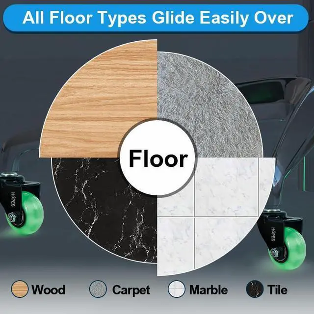 Alt view image 3 of 6 - Office Chair Wheels Replacement Set of 5 Heavy Duty Rubber Casters, Smooth & Quiet Rolling for Hardwood Floors and Carpet, Universal Stem, No Floor Mat Needed (Glow Green, 2inch-660lbs)
