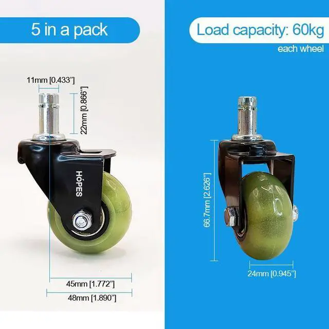 Alt view image 4 of 6 - Office Chair Wheels Replacement Set of 5 Heavy Duty Rubber Casters, Smooth & Quiet Rolling for Hardwood Floors and Carpet, Universal Stem, No Floor Mat Needed (Glow Green, 2inch-660lbs)
