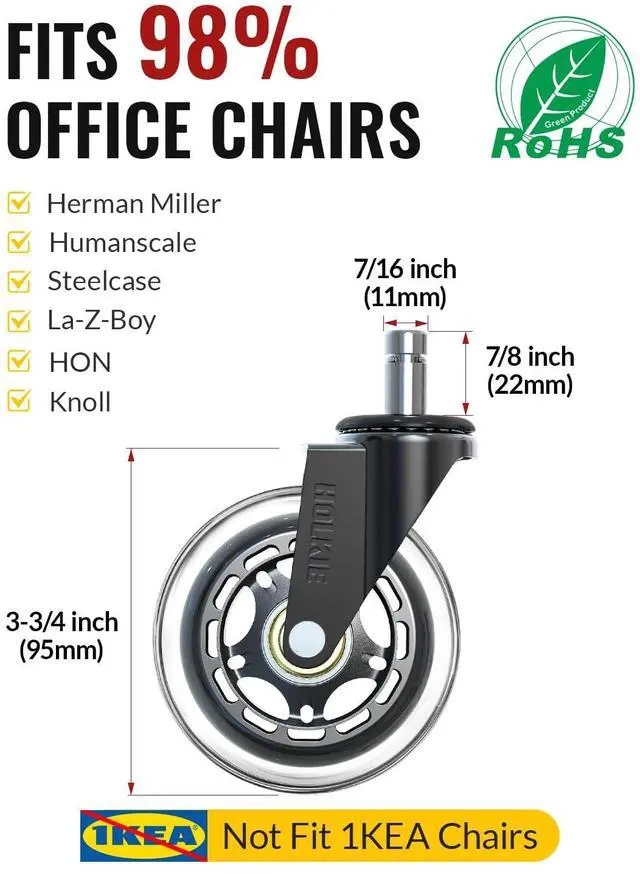 Alt view image 2 of 7 - Office Chair Wheels - Universal Fit 3 Inch Roller Blade Casters - Safe for Hardwood Carpet Floors - Heavy Duty Rubber Replacement for Gaming Chairs - Smooth, Silent Glide - Set of 5
