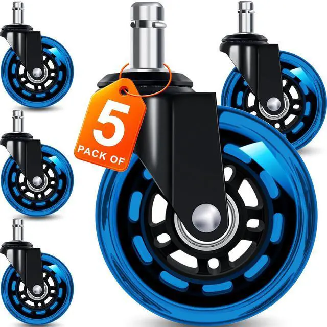 Main image of Office Chair Wheels for Casters Replacement - 3" Rubber Wheels for Computer Gaming Desk Caster Smooth & Safe Rolling for All Floors Including Hardwood and Carpet - Set of 5 - Blue