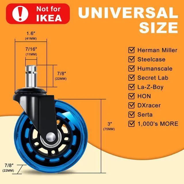 Alt view image 4 of 7 - Office Chair Wheels for Casters Replacement - 3" Rubber Wheels for Computer Gaming Desk Caster Smooth & Safe Rolling for All Floors Including Hardwood and Carpet - Set of 5 - Blue