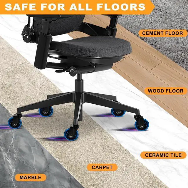 Alt view image 5 of 7 - Office Chair Wheels for Casters Replacement - 3" Rubber Wheels for Computer Gaming Desk Caster Smooth & Safe Rolling for All Floors Including Hardwood and Carpet - Set of 5 - Blue