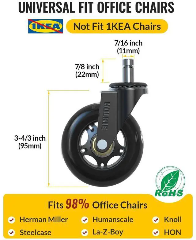 Alt view image 2 of 7 - Office Chair Wheels Roller Blade Caster 11x22mm All Black 3 Inch Chair Wheels for Office Rubber Rolling Set of 5 for Carpet Hardwood Floors Gaming Smooth & Silence Gliding