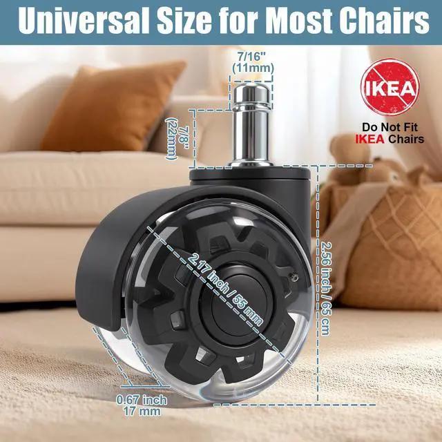Alt view image 2 of 7 - 2 Inch Office Chair Wheel Replacement(Set of 5), Rubber Roller Caster Wheels for Chairs for Office Chairs,Smooth & Quiet for All Floors,11x22mm Chair Casters Fit for 98% Computer,Gaming,Desk Chairs