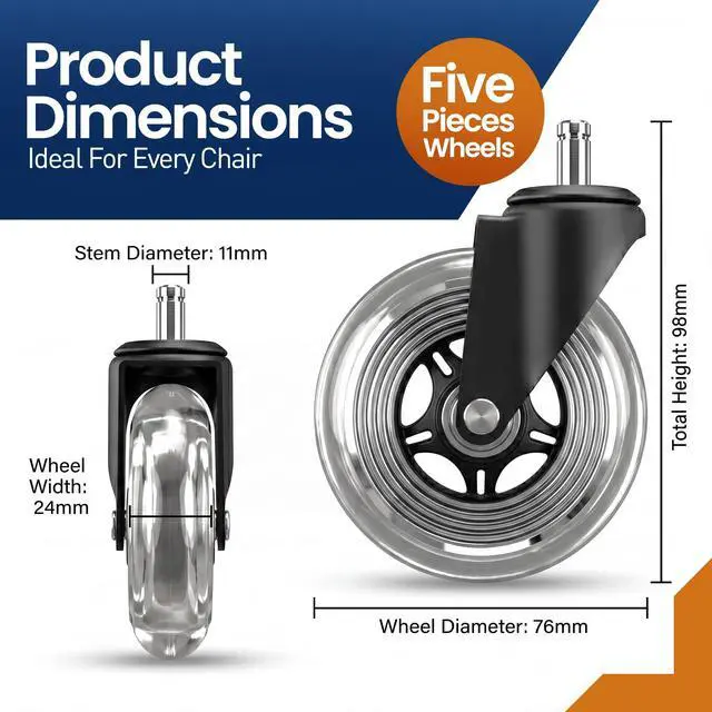 Alt view image 2 of 7 - Office Chair Wheels Set of 5 3 Inch Roller Blade Wheels Office Chairs, Office Chair casters Desk & Gaming Chair Quiet for Carpet, Hardwood & Wood Floors - Not for IKEA