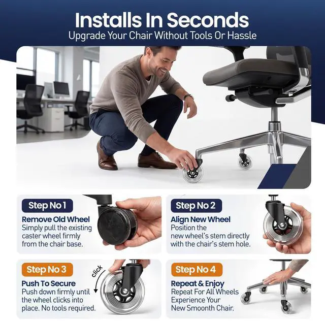 Alt view image 5 of 7 - Office Chair Wheels Set of 5 3 Inch Roller Blade Wheels Office Chairs, Office Chair casters Desk & Gaming Chair Quiet for Carpet, Hardwood & Wood Floors - Not for IKEA