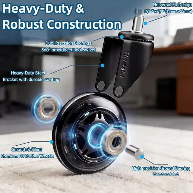 Alt view image 2 of 7 - 3 Inch Office Chair Wheels - Rubber Chair Casters Replacement, Heavy-Duty Computer Gaming Desk Caster Wheel Smooth & Safe Rolling for All Floors Including Hardwood and Carpet, Set of 5