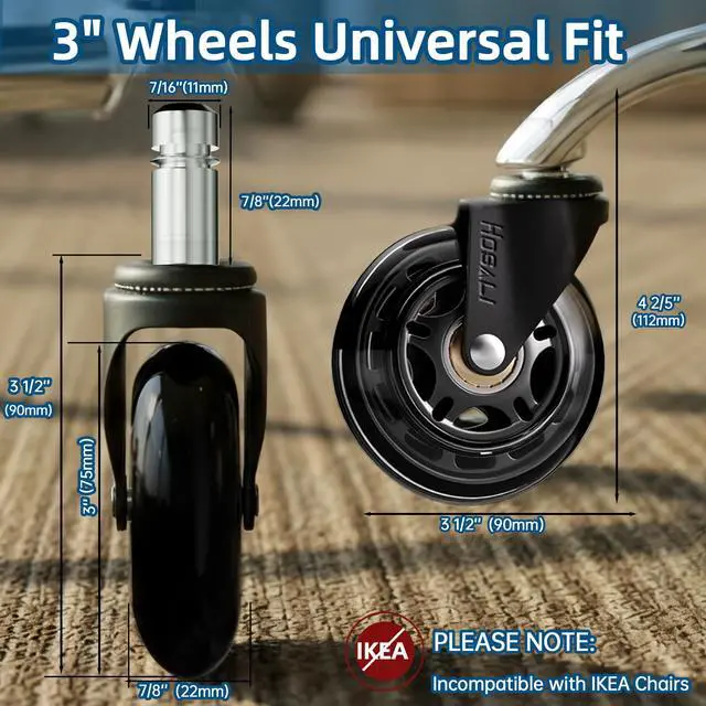 Alt view image 3 of 7 - 3 Inch Office Chair Wheels - Rubber Chair Casters Replacement, Heavy-Duty Computer Gaming Desk Caster Wheel Smooth & Safe Rolling for All Floors Including Hardwood and Carpet, Set of 5
