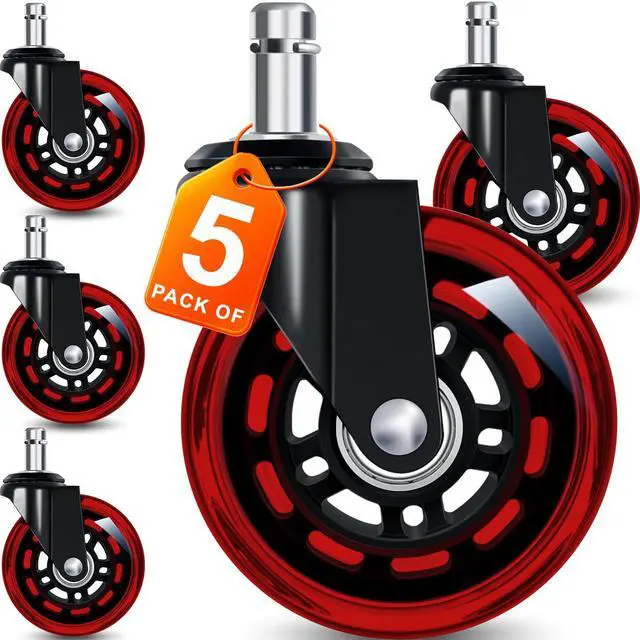 Main image of Office Chair Wheels for Casters Replacement - 3" Rubber Wheels for Computer Gaming Desk Caster Smooth & Safe Rolling for All Floors Including Hardwood and Carpet - Set of 5 - Red