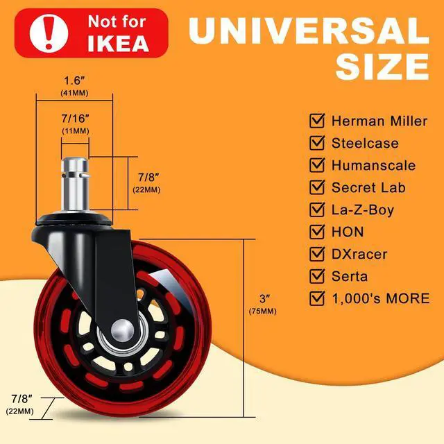 Alt view image 4 of 7 - Office Chair Wheels for Casters Replacement - 3" Rubber Wheels for Computer Gaming Desk Caster Smooth & Safe Rolling for All Floors Including Hardwood and Carpet - Set of 5 - Red