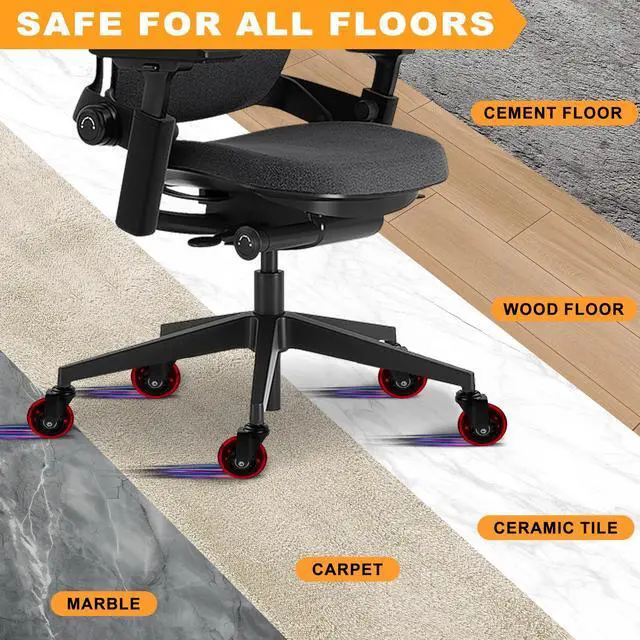 Alt view image 5 of 7 - Office Chair Wheels for Casters Replacement - 3" Rubber Wheels for Computer Gaming Desk Caster Smooth & Safe Rolling for All Floors Including Hardwood and Carpet - Set of 5 - Red