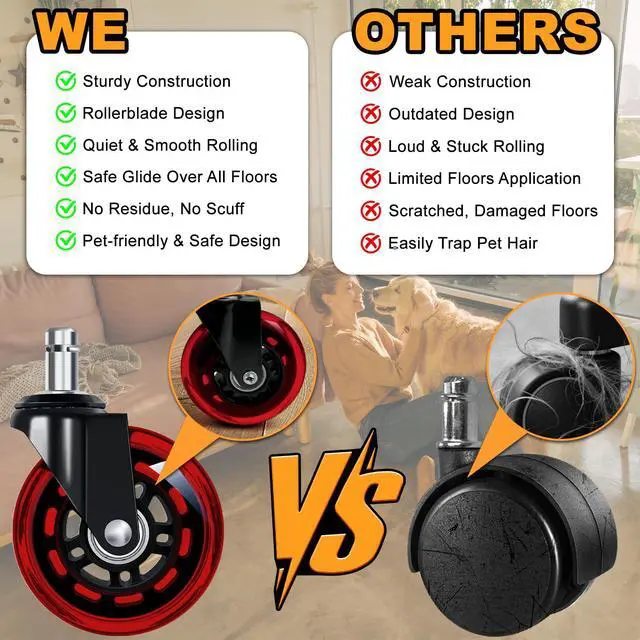 Alt view image 3 of 7 - Office Chair Wheels for Casters Replacement - 3" Rubber Wheels for Computer Gaming Desk Caster Smooth & Safe Rolling for All Floors Including Hardwood and Carpet - Set of 5 - Red