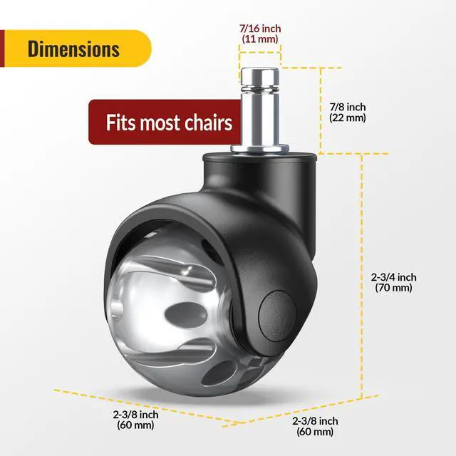 Alt view image 3 of 7 - Office Chair Wheels Replacement 11x22mm Universal Fit 2 Inch Rubber Heavy Duty Casters for Carpet Hardwood Floors Gaming Desk Chair Roller Wheels Set of 5 Grey Smooth & Silent
