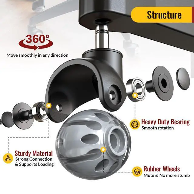 Alt view image 7 of 7 - Office Chair Wheels Replacement 11x22mm Universal Fit 2 Inch Rubber Heavy Duty Casters for Carpet Hardwood Floors Gaming Desk Chair Roller Wheels Set of 5 Grey Smooth & Silent