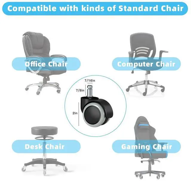 Alt view image 5 of 7 - Office Chair Caster Wheels Replacement(Set of 5) for Hardwood Floors and Carpet- Heavy Duty Caster Support up to 1000bls, Office Rubber Chair Wheels,2 inch,Universal Size (Grey)