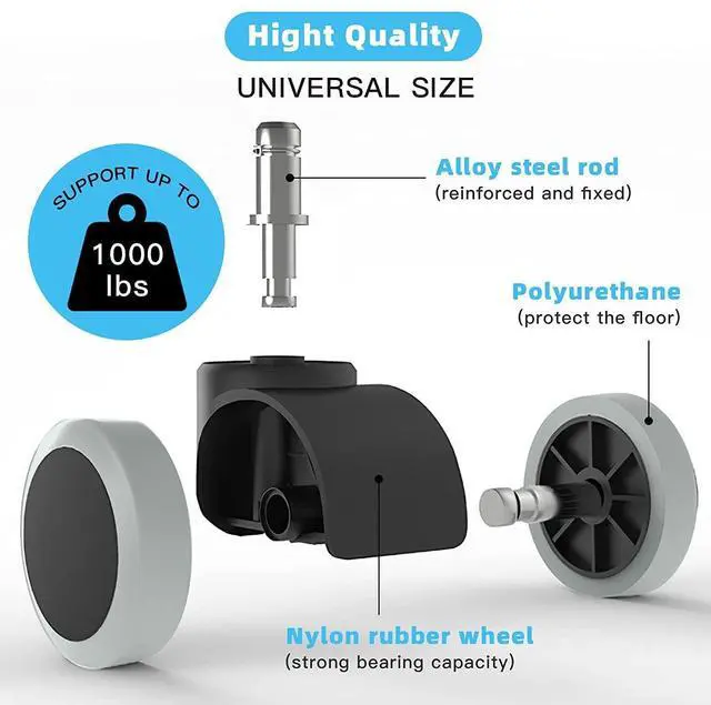 Alt view image 6 of 7 - Office Chair Caster Wheels Replacement(Set of 5) for Hardwood Floors and Carpet- Heavy Duty Caster Support up to 1000bls, Office Rubber Chair Wheels,2 inch,Universal Size (Grey)
