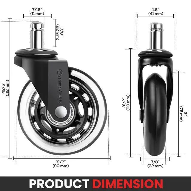 Alt view image 2 of 7 - Premium Office Chair Wheels Black, Pack of 5, 7/16 x 7/8 Inch Heavy Duty Chair Wheels Replacement for Scratch-Free, Smooth & Silent Rolling Suitable for Floors & Carpet