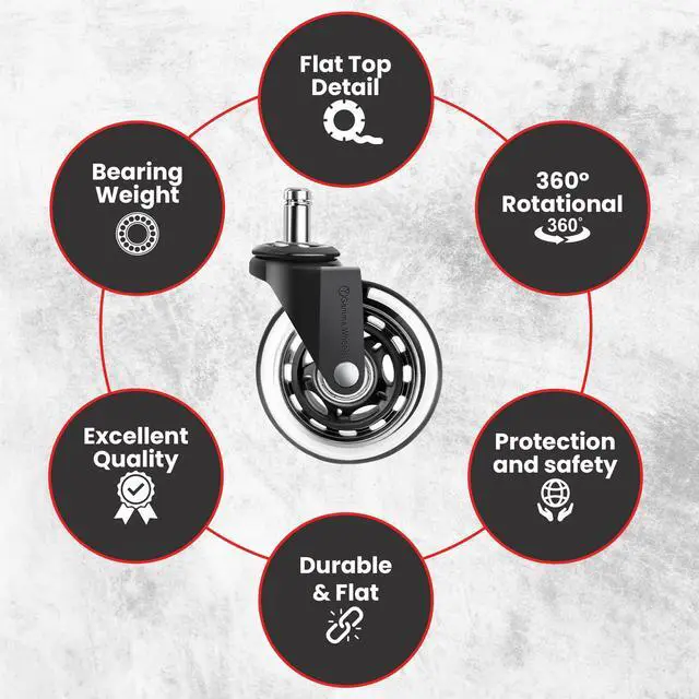 Alt view image 5 of 7 - Premium Office Chair Wheels Black, Pack of 5, 7/16 x 7/8 Inch Heavy Duty Chair Wheels Replacement for Scratch-Free, Smooth & Silent Rolling Suitable for Floors & Carpet
