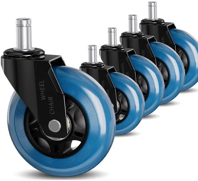 Main image of Blue Office Chair Wheels 3" Roller Blade Rubber Chair Casters Replacement, Heavy Duty Quiet No Scratch Gaming Chair Wheel for Hardwood Floor Carpet, Set of 5, 11mm Universal Fit/Not for 1KEA