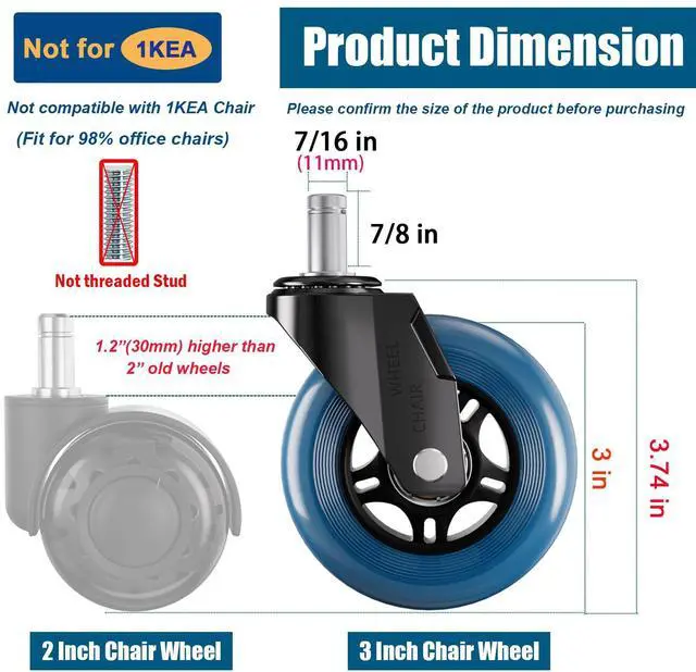Alt view image 3 of 7 - Blue Office Chair Wheels 3" Roller Blade Rubber Chair Casters Replacement, Heavy Duty Quiet No Scratch Gaming Chair Wheel for Hardwood Floor Carpet, Set of 5, 11mm Universal Fit/Not for 1KEA