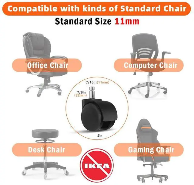 Alt view image 2 of 7 - Office Chair Wheels - 2 Inch Chair Caster Wheel Set of 5, Heavy Duty Chair Wheel Replacement Supports 1000 lbs, No Noise, Suitable for Hardwood Floors and Carpets
