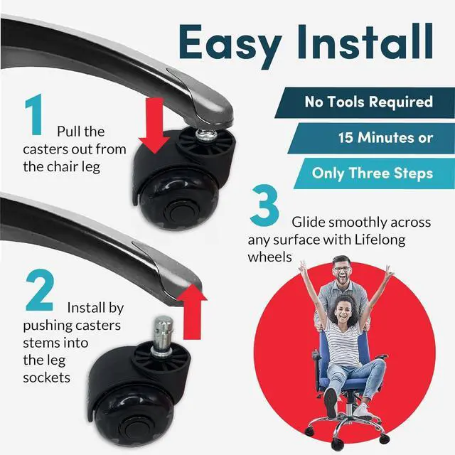 Alt view image 3 of 7 - Office Chair Wheels Replacement Set of 5 Heavy Duty Rubber Casters, Smooth & Quiet Rolling for Hardwood Floors and Carpet, Universal Stem, No Floor Mat Needed (Double Black, 2inch-660lbs)