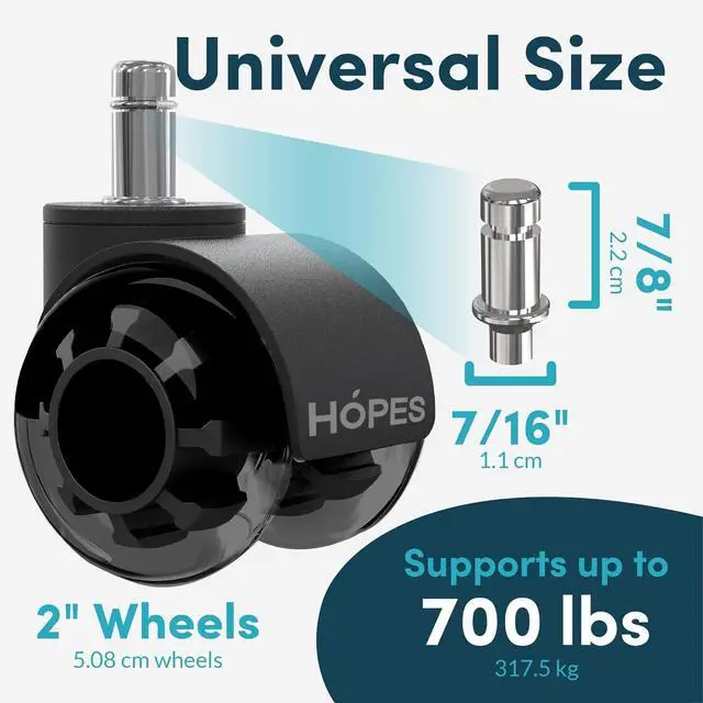Alt view image 4 of 7 - Office Chair Wheels Replacement Set of 5 Heavy Duty Rubber Casters, Smooth & Quiet Rolling for Hardwood Floors and Carpet, Universal Stem, No Floor Mat Needed (Double Black, 2inch-660lbs)