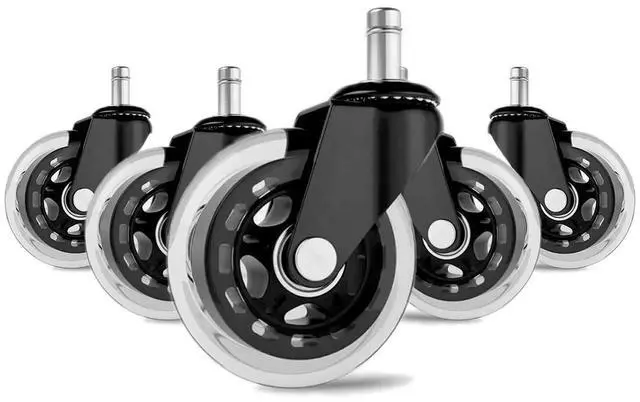 Main image of Office Chair Wheels 3 inches Heavy Duty Soft PU Rubber Safe for Hardwood Carpet Tile Floors (Set of 5) Generally Applicable to Office Wheels, Replace Chair mats - Universal fit (Black & Clear 3inch)