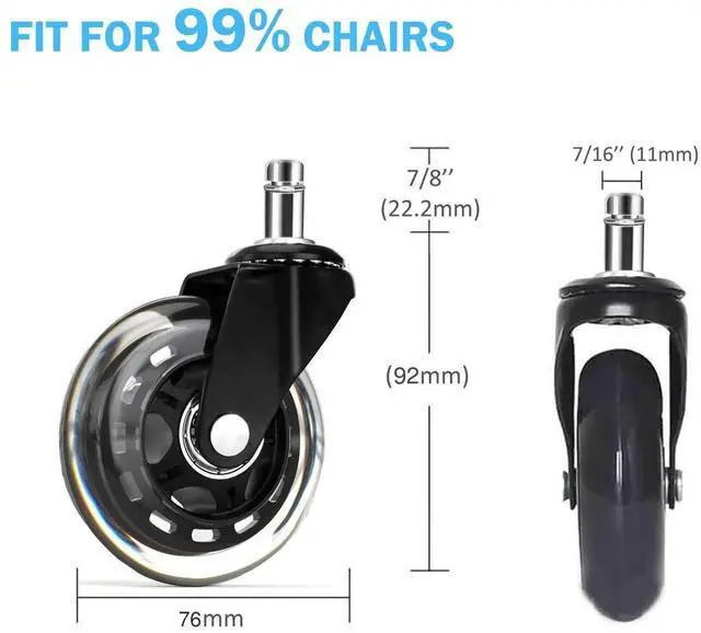 Alt view image 6 of 6 - Office Chair Wheels 3 inches Heavy Duty Soft PU Rubber Safe for Hardwood Carpet Tile Floors (Set of 5) Generally Applicable to Office Wheels, Replace Chair mats - Universal fit (Black & Clear 3inch)