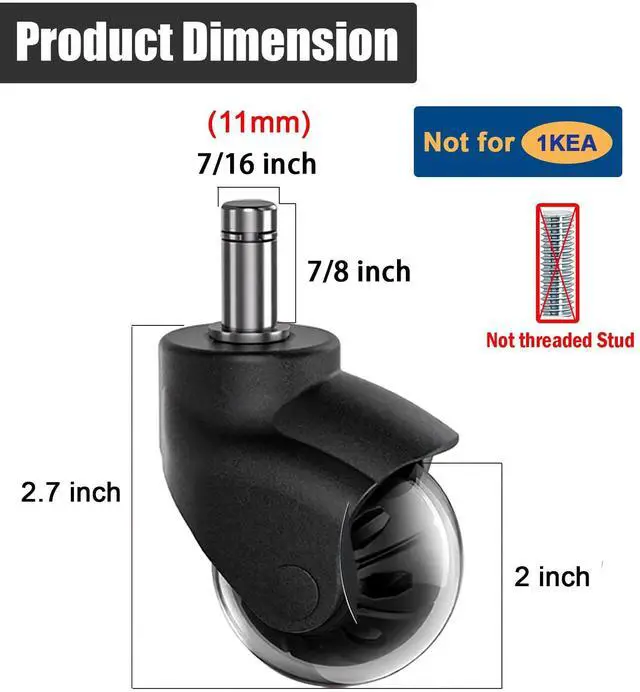 Alt view image 3 of 7 - Office Chair Wheels 2" Ball Rubber Chair Casters Replacement, Heavy Duty Quiet No Scratch Gaming Chair Wheel for Hardwood Floor Carpet, Set of 5, 11mm Universal Fit/Not for 1KEA